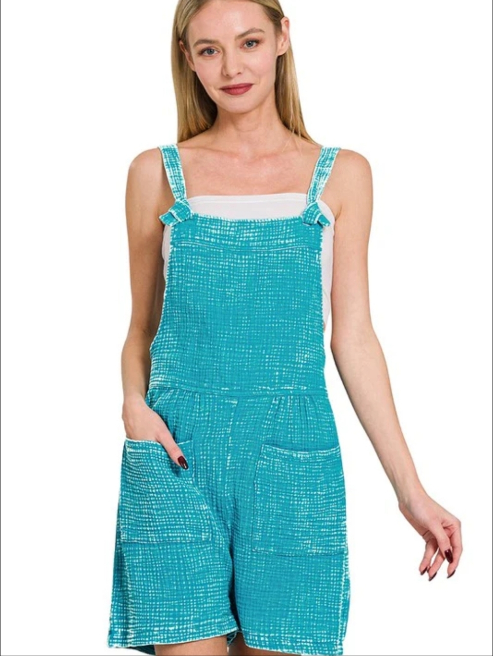 New Zenana Woven Double Gauze Acid Washed Romper Tiffany